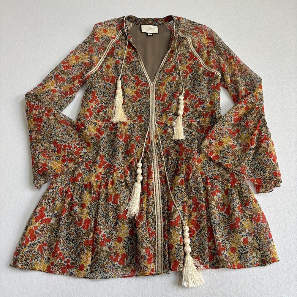 Alexis Cicely Mini Dress Women's M Green Orange Garden Print Boho Sheer Ruffle